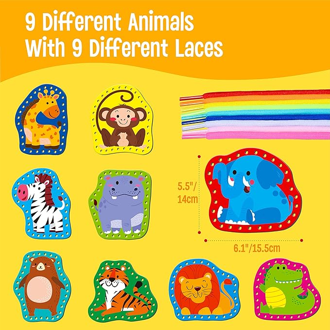 9 Pieces Kids Lacing Cards, Double Sided Sewing Cards in 9 Wild Animals with 9 Colorful Laces, Imagination Development Lacing Toys Games for Children Educational and Learning Activity