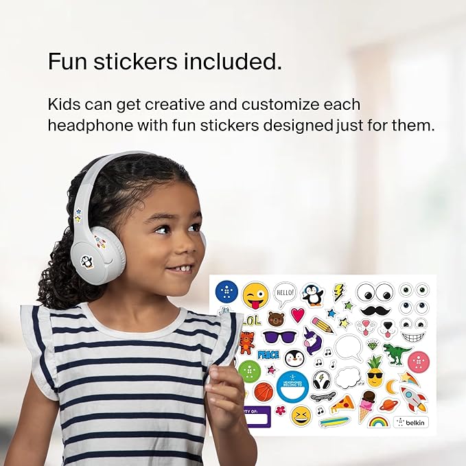 Belkin SoundForm Mini - Wireless Bluetooth Headphones for Kids with 30H Battery Life, 85dB Safe Volume Limit, Built-in Microphone - Kids On-Ear Earphones for iPhone, iPad, Fire Tablet & More - White