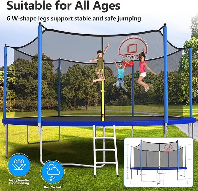 Upgraded 10/12/14/15/16FT Trampoline Outdoor, Large Kids Trampoline with Light, Stakes, Sprinkler, Backyard Trampoline with Basketball Hoop and Net, Capacity for 4-6 Kids and Adults