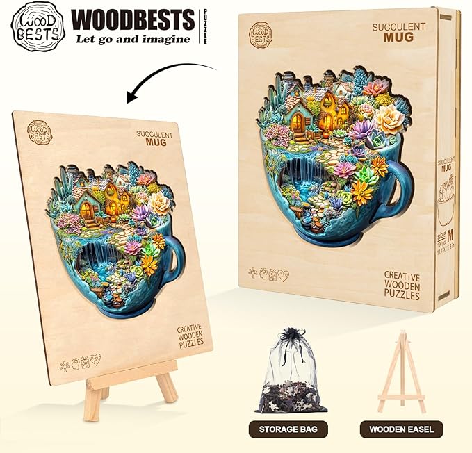 WOODBESTS Wooden Puzzles for Adults, Succulent Mug Wood Puzzles Adult(100 Pieces, S, 8.5 * 8.4in), Unique Shape Wooden Animal Jigsaw Puzzles, Birthday Gifts for Adults Family Game