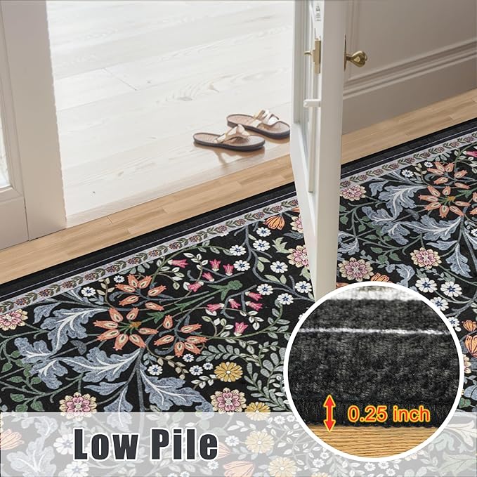 Entryway Rug 2X3 Small Rugs: Floral Washable Door Mat Vintage Soft Low Pile Non-Slip Kitchen Rugs Stain Resistant Indoor Throw Rug for Entrance, Bedroom, Kitchen, Laundry, Bathroom Dark Black