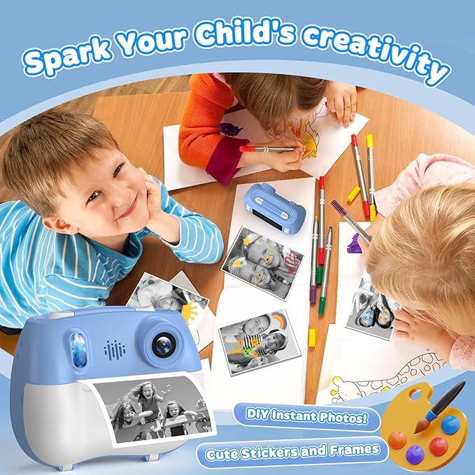 Instant Print Camera for Kids - Front Rear Dual Selfie Kid Print Camera, Fun Birthday Gift for Boys Ages 3-12, HD Digital Video Cameras, Easy to Use for Toddler - Blue