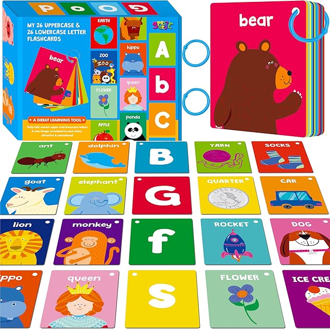 SpriteGru Alphabet Flash Cards, 52 Double Sided Cards, Uppercase & Lowercase Letter Cards, Letters and Sight Words Learning Cards for Preschool and Toddlers Learning