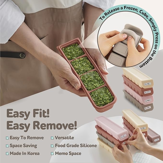 Silicone Freezer Trays with Lid, 1.7oz 4 Section - Leak Proof Silicone Freezer molds for Homemade Baby Food Breastmilk, Purees, Vegetables, Baby Food Jars Ice Tray with Lid BPA Free Indie Pink