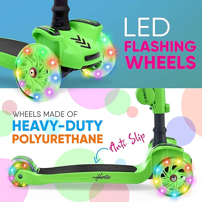 Hurtle 3-Wheeled Scooter for Kids - Wheel LED Lights, Adjustable Lean-to-Steer Handlebar, and Foldable Seat - Sit or Stand Ride with Brake for Boys and Girls Ages 1-14 Years Old