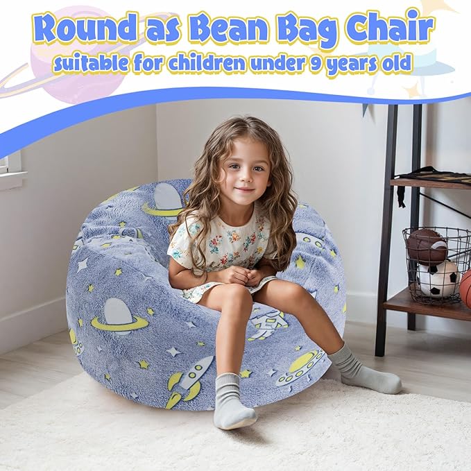 COMAX Kids Bean Bag Chair Turn into Beanbag Bed, Toddler Bean Chair for Girl Boy Sleeping, Lazy Children Bean Bags with Filler, Convertible Child Floor Mattress, Blue Universe