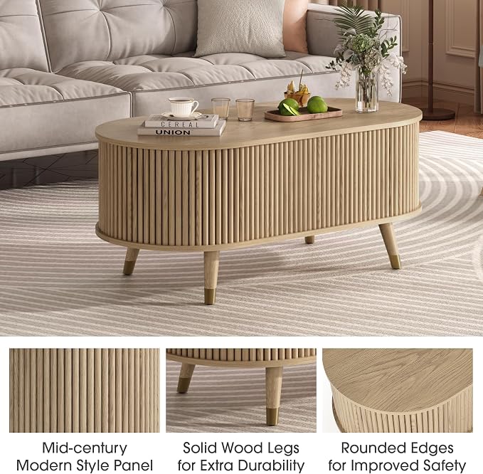 SULIVES Oval Coffee Table with Storage, Small Fluted Center Table - Image 4