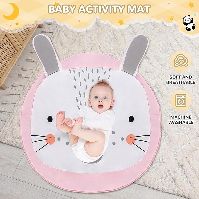 Wooden Play Gym with Mat, Foldable Baby Activity Gyms for Infants Newborn Baby Girl and Boy, Tummy Time Baby Infant Toys 0-6 6-12 Months (Rabbit)