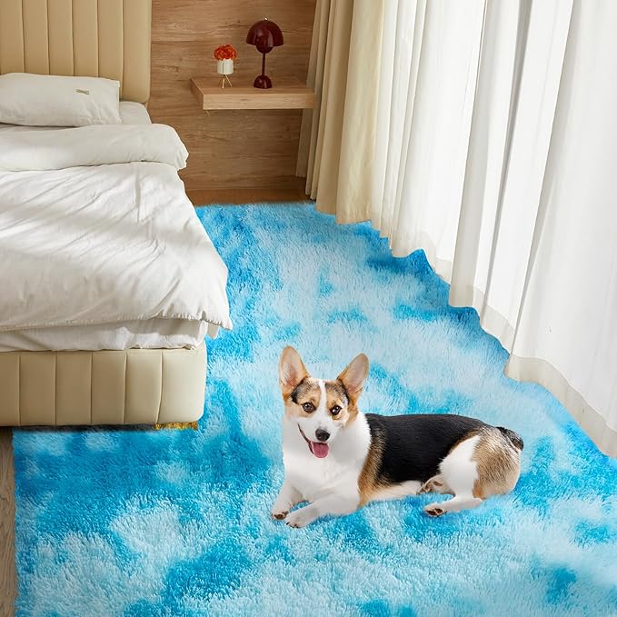 Ultra Soft Rug for Living Room, 6X9 Fluffy Shag Area Rug for Bedroom, Modern Shaggy Carpet Fuzzy Rug for Teens Dorm Nursery Home Decor Aesthetic, Upgrade Anti-Skid Durable, Tie-Dyed Blue