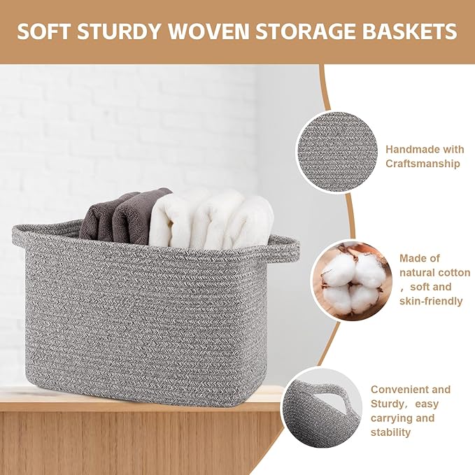 OIAHOMY Storage Basket, Woven Baskets for Storage, Cotton Rope Basket for toys,Towel Baskets for Bathroom - Pack of 3, Light Grey