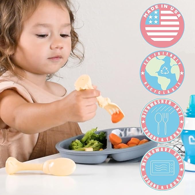 Made in USA Spoon la la Toddler Utensils Set - 2 Pack (1 Spoon & 1 Fork for Kids) - Self-Standing 3D Ergonomic Cat & Dog Handles - BPA-free, Dishwasher Safe, Baby Silverware (Yellow)