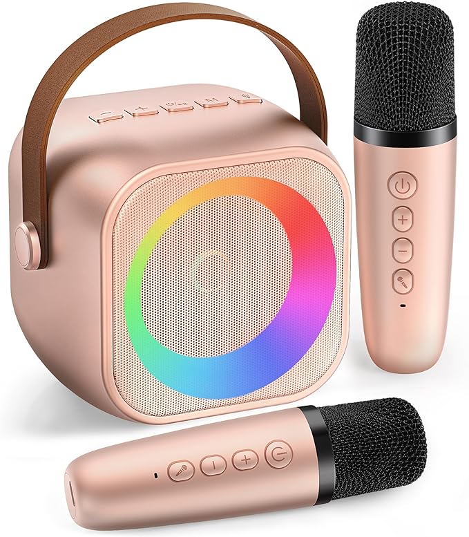 Mini Karaoke Machine, Portable Bluetooth Karaoke Speaker with 2 Wireless Microphones and Party Lights for Kids and Adults, Birthday Gifts for Girls Boys Family Home Party (Rose Gold)