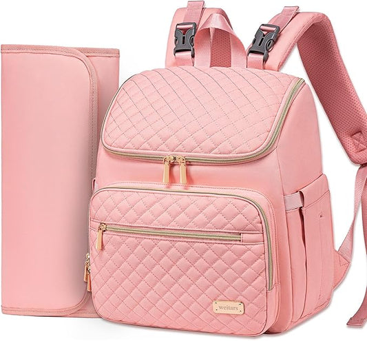 Weitars Diaper Bag Backpack Large Baby Diaper Bag with Changing Pad Travel Diaper Backpack,Baby Bag for Boys Girls,Stroller Straps,5 Insulated Pockets (Pink)