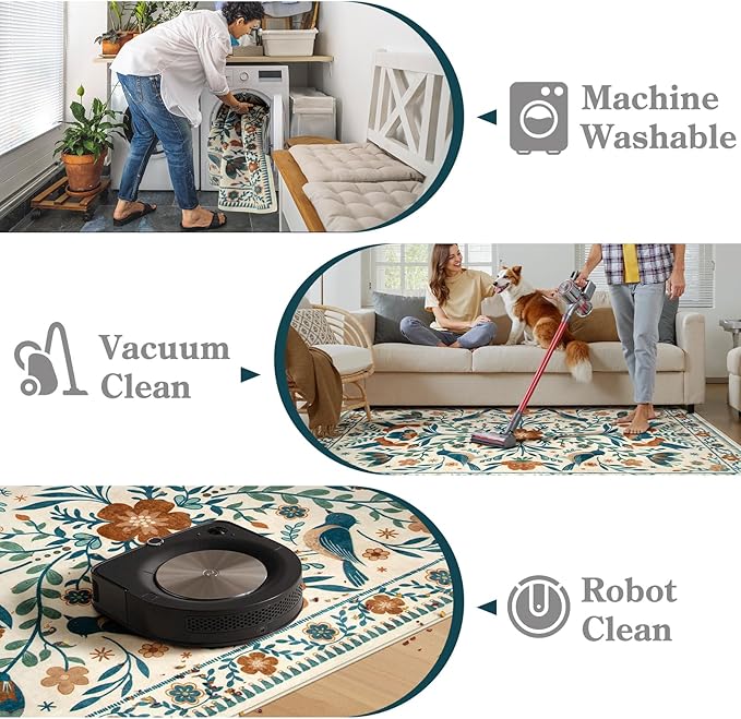 Moynesa Boho Bird Round Rug 6ft, Machine Washable Circle Area Rug for Living Room Ultra Thin Soft Large 6'x6' Bedroom Carpet for Office Kitchen Dining Room Under Table, Indoor, Easy Clean, Beige