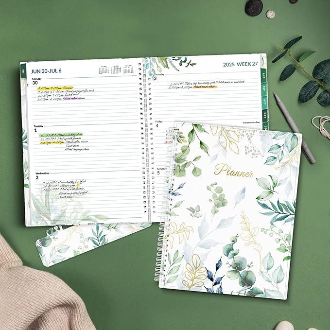 SUNEE Academic Planner 2025-2026 Weekly and Monthly, July 2025-June 2026, 8.5"x11", Tabs, Note Pages, Pockets, Bookmark, Flexible Cover, Spiral Binding, Greenery