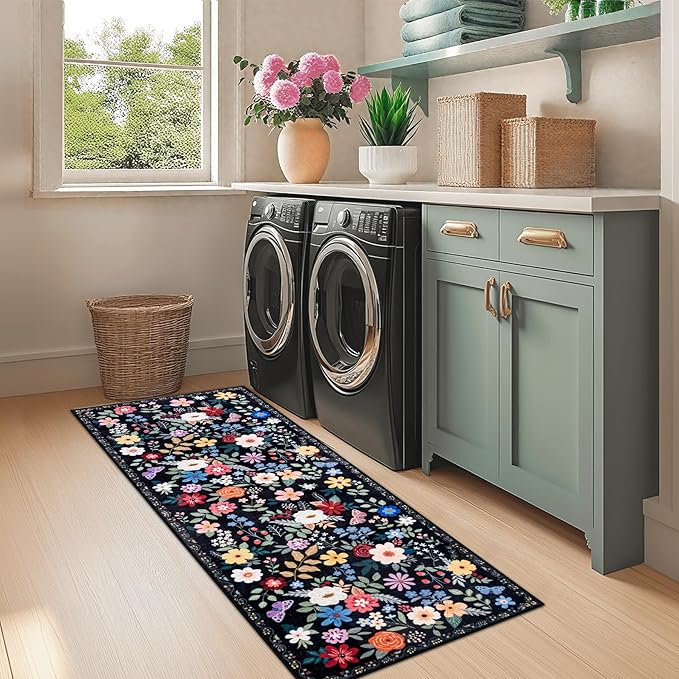 Runner Rug for Entryway: 2.6x8 Kitchen Rugs Non Slip Washable Ultra-Thin Soft Floral Carpet Indoor Floor Stain Resistant Carpets for Hallway Bedroom Kitchen Laundry Bathroom Dorm Black