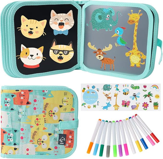 Erasable Doodle Set for Kids - Magic Drawing Book With 12 Watercolor Pens, 14 Page Reusable Book, Road Trip Car Game Writing Painting Set for Boys and Girls (Orange Cats)