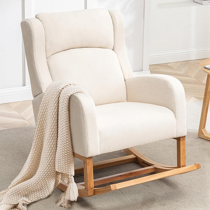 Rocking Chair Nursery, Nursing Rocking Chairs for Mom Nursery, Comfy Wingback Glider Rocking Armchair with Foot Rest and Side Pocket for Nursery Living Room Bedroom, Beige