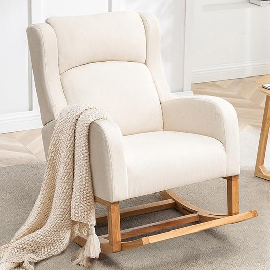 Rocking Chair Nursery, Nursing Rocking Chairs for Mom Nursery, Comfy Wingback Glider Rocking Armchair with Foot Rest and Side Pocket for Nursery Living Room Bedroom, Beige