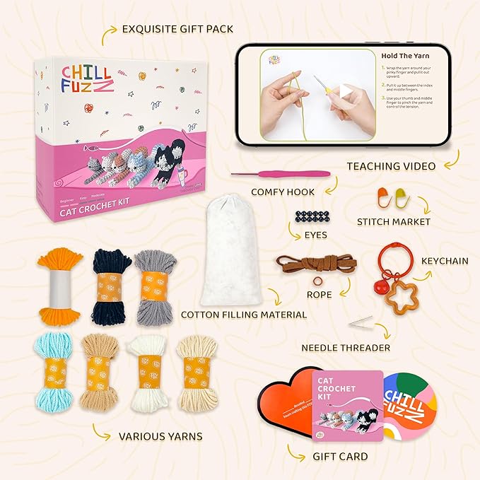 ChillFuzz Animal Crochet Kit Beginner Crochet Kit for Adults and Kids with Yarn Hook and Instructions Fun DIY Craft Gift Yoga Cat