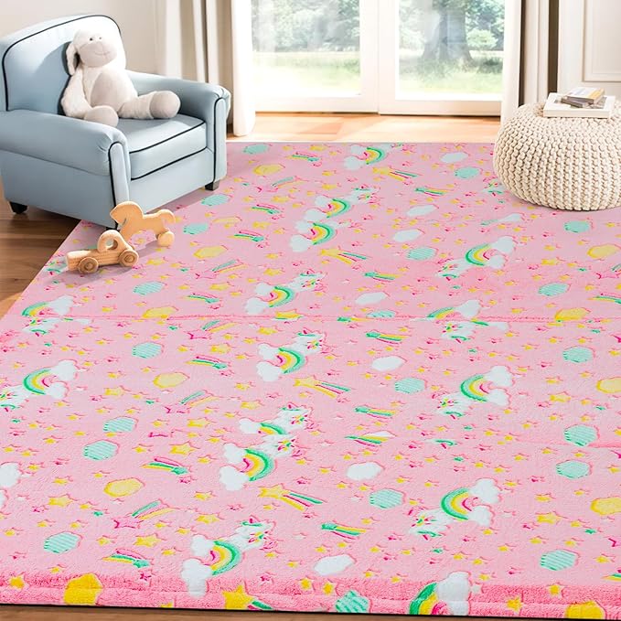 MeMoreCool Kids Floor Futon Mattress Large 6x4 FT, Thicken Foam Tatami Mattress for Children Play Area, Foldable Sleeping Pad Crawling Tatami Mat for Playroom, Pink Rainbow