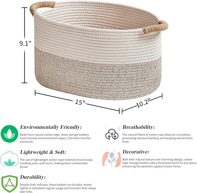 Storage Baskets for Organizing | 15"x10.2"x9.1" - 1 Pack Nursery Bin with Handles - Woven Cotton Rope Baskets for Dog Toys, Books, Shelf, Bathroom,Closet -Stylish Storage | White & Beige