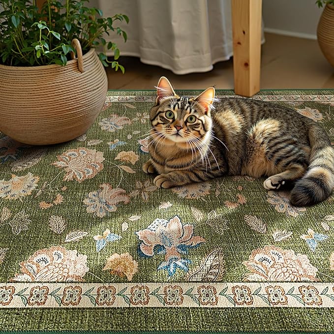 jinchan 3x5 Floral Rug for Entryway Washable Kitchen Rug Vintage Romance Design Small Mat Non Slip Indoor Doormat Lightweight Low-Profile Throw Carpet for Entrance Bathroom Laundry Room, Green