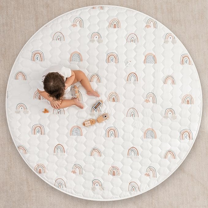 Comfy Cubs Round Kids Play Mat - Large 60 inches Soft Quilted Baby Floor Mat with Non-Slip Bottom - Plush Design for Toddlers' Playtime and Relaxation - Comfortable and Durable - Rainbow