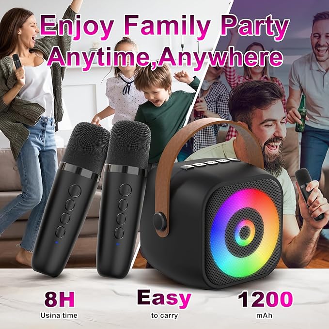 Mini Karaoke Machine, Portable Bluetooth Karaoke Speaker with 2 Wireless Mics for Kids and Adults, Birthday Gifts for Girls and Boys 3-12+ Years Old Birthday Party Home Black