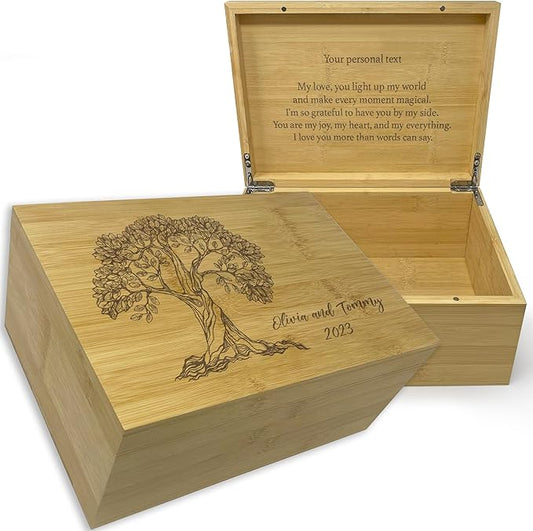 Personalized Tree of Life Box - Keepsake Box Engravable, Wooden Wedding Gift Anniversary for Couple, Bamboo Wood Decorative Chest, Handmade Memory Boxes with Custom Hidden Message, 11x8x4.75 in