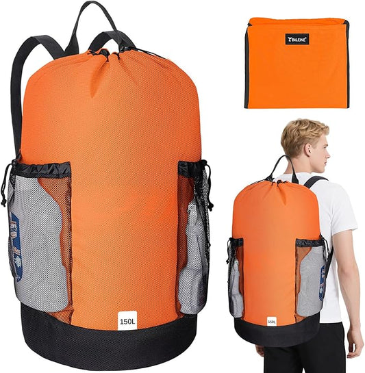 BALEINE 150L Laundry Bag Backpack, 900D Oxford Fabric Large Travel Laundry Bags with Shoulder Straps and 2 Mesh Pockets for College Dorm, Apartment, Laundromat (Orange, 150L)