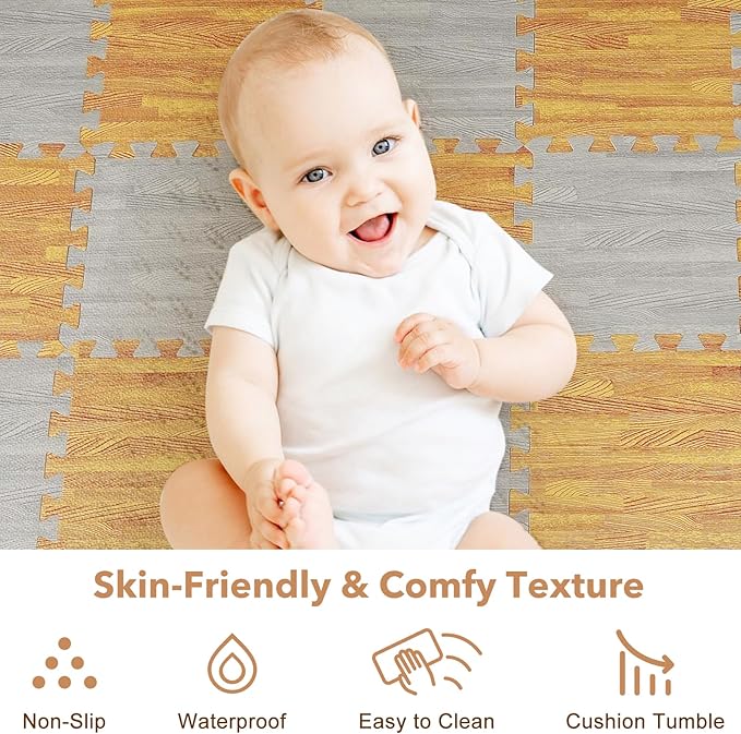 Skyweaver 24 Tiles Soft Non-Toxic Baby Play Mat for Floor EVA Foam Jigsaw Puzzle Play Mat, Interlocking Squares with 0.6inch for Babies, Toddlers & Kids Gym, Nursery, Playroom, Gray