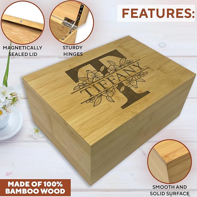 Personalized Initial Storage Box - Custom Engraved Wedding Memory Box for Keepsakes, Decorative Storage Chest, Rustic Memorabilia Box for Valentines Day, Monogrammed Wedding Gifts, 11x8x4.75 in