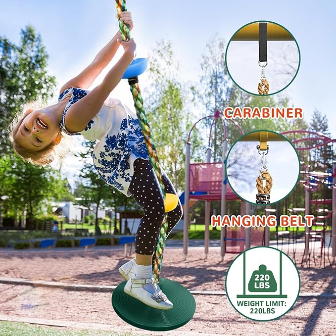 Tree Swing Climbing Rainbow Rope, Heavy Duty Swing Disc Seat Replacement for Kids with Hanging Strap and Platform Carabiners Indoor/Outdoor Playground Accessories (Green)