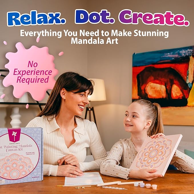 Pinwheel Crafts Painting Kit Mandala for Kids Ages 6-12 - Dot Painting Canvas Set with Mandala Dotting Tools, Paints, Brushes, Easy Instruction - Relaxing DIY Gift, Arts and Crafts Kit for Teens