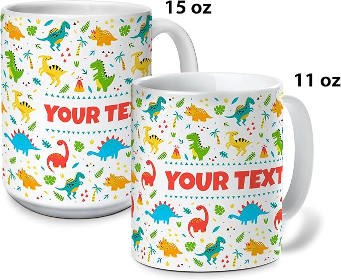 Personalized Mug for Kids - Dinosaurs - Custom Name/Text, Ceramic Hot Chocolate/Cocoa/Coffee Cup for Boys/Girls, Birthday/Christmas/Holiday Gift - 11 oz, Red Handle