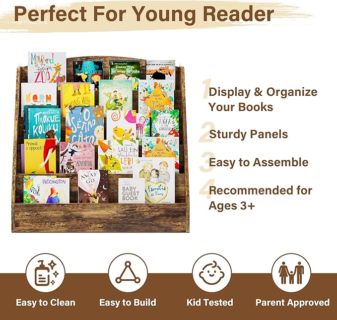 TOETOL 5-Tier Kids Bookshelf - Toddler Book Display Shelves for Classrooms, Playrooms, and Nursery - Wooden Children Book Rack (Rustic Brown)