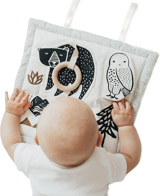 Wee Gallery Woodland Activity Pad Organic Baby Play Mat with Sensory Toys, High Contrast Newborn Essentials Soft Tummy Time Mat for Babies 0-12 Months, Visual and Motor Skill Development Toy