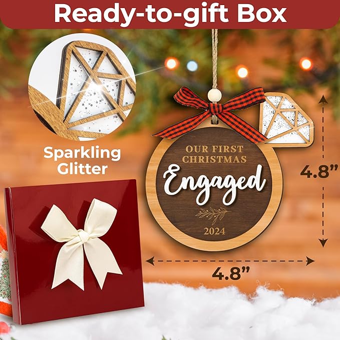 Our First Christmas Engaged Ornament 2024 - Wood Engagement Ornament 2024, Funny Engagement Gifts for Couples, Happy Newly Engaged Christmas Ornament 2024 for Bride
