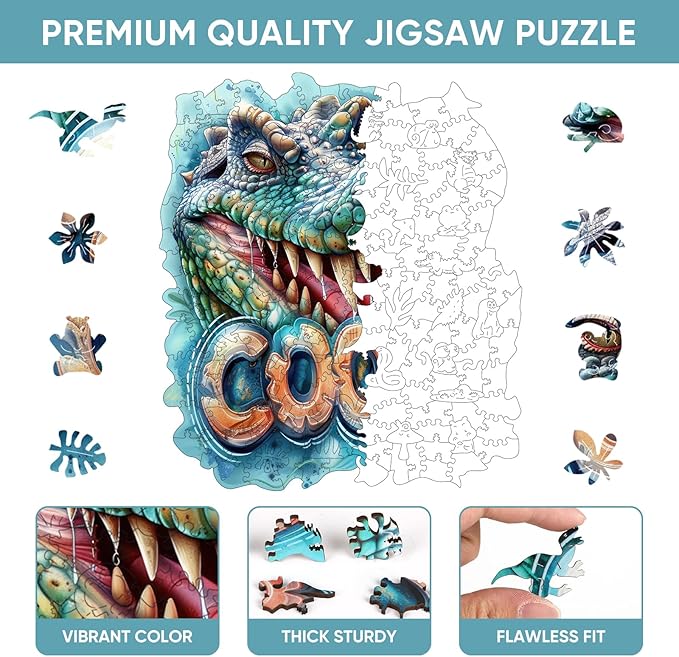 Wooden Puzzles for Adults, Cool Crocodile Jigsaw Puzzles 200 Pieces Animal Unique Shaped Wood Cut Puzzle Gifts for Adults and Kids, Family Puzzle Games