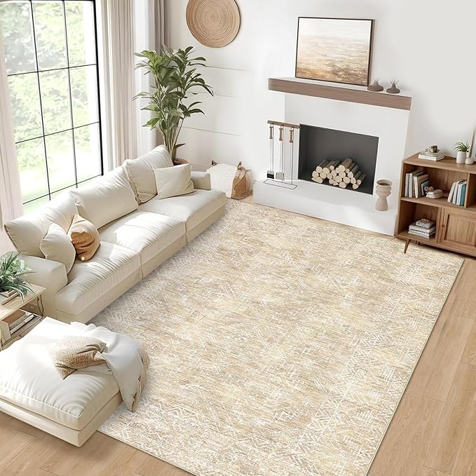 COZYLOOM 4x6 Rug Machine Washable Foldable Printed Area Rug Modern Distressed with Non Slip Design Stain Resistant Non Shedding Pet Friendly Carpet Perfect for Home Decor, Faux Wool, Beige