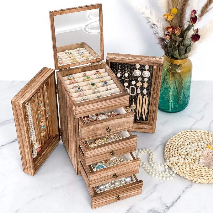 Meangood Jewelry Box Wood for Women, 5-Layer Large Organizer Box with Mirror & 4 Drawers for Rings, Earrings, Necklaces, Vintage Style, Torched Wood