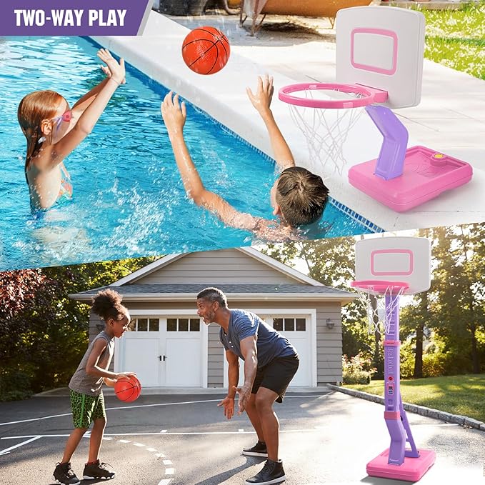 Super Joy Toddler Girl Basketball Hoop - Adjustable Kids Ball Hoop Set for Indoor - Portable Pink Mini Basketball Goal Outdoor Outside Pool Sport Toys Gifts for Baby Boys Age 1-3 2-4 3-5