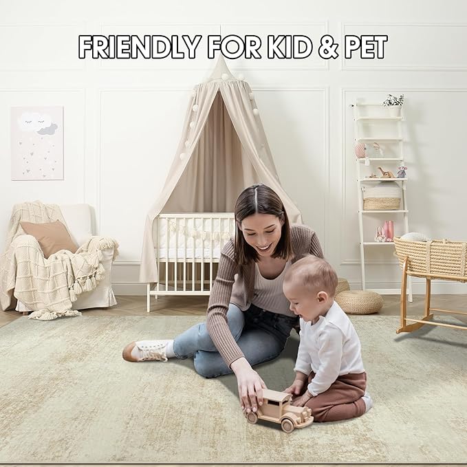 Washable Rug 6x9 Area Rugs, Abstract Large Living Room Rugs with Non-Slip Backing, Thin Carpet for Dorm Dining Room Table Nursery Indoor Home Office -Beige