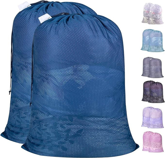 Polecasa Heavy Duty Large Mesh Laundry Bags with ID Tag and Locking Drawstring Closure - 2 Pack, 24 x 36 inches - Laundry Hamper Liner, Washable Laundry Bag for Travel, Sports, Dorms (Blue)