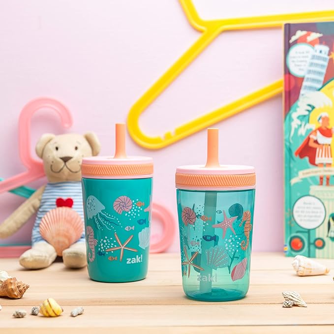 Zak Designs Shells Kelso Tumbler Set, Leak-Proof Screw-On Lid with Straw, Bundle for Kids Includes Plastic and Stainless Steel Cups with Bonus Sipper (3pc Set, Non-BPA) 15 fl.oz.