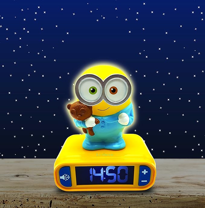 LEXiBOOK - Minions - Bob Digital Alarm Clock with Night Light - Snooze Function - Minions Sound Effects - for Children/Kids - Luminous Clock with Bob, Yellow/Blue - RL800DES