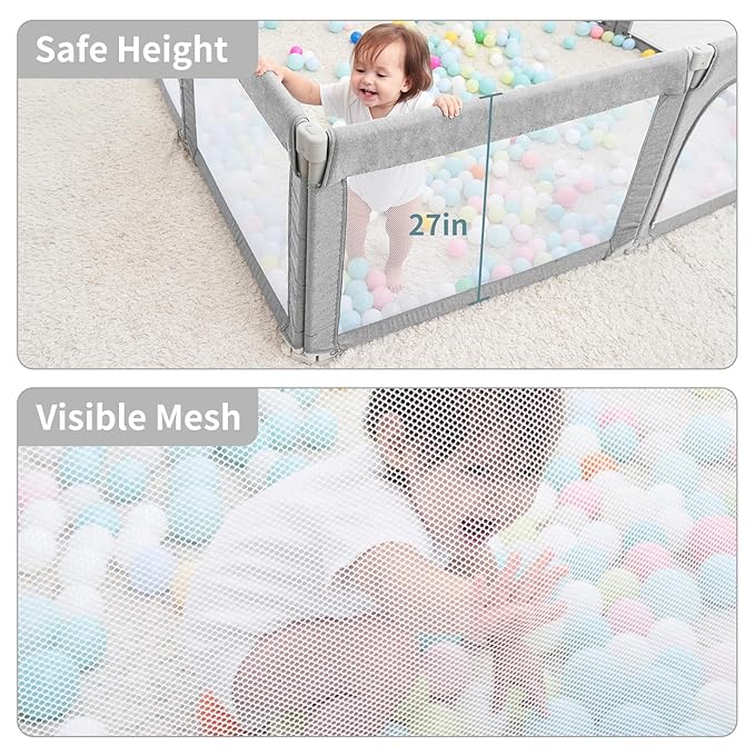 Foldable Baby Playpen, Shape & Size Adjustable Playpen for Toddler, 79x71 Large Play Pens Safety Mesh Foldable Playard for Babies, Portable Baby Fence Play Area Kids Play Pen, Grey