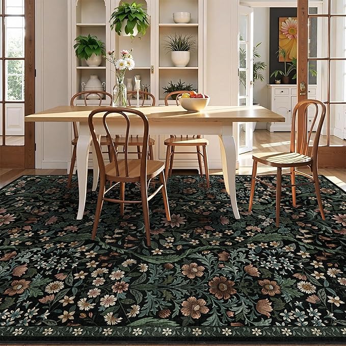 5×7 Black Washable Floral Area Rug,Vintage Boho Soft Low-Pile Living Room Rugs, Stain Resistant Botanical Non-Slip Carpet for Bedroom,Dining Room, Kids Nursery,Home Decor