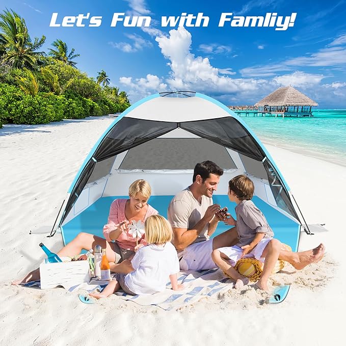 Large Easy Setup Beach Tent,Anti-UV Beach Shade Beach Canopy Tent Sun Shade with Extended Floor & 3 Mesh Roll Up Windows Fits 3-4 Person,Portable Shade Tent for Outdoor Camping Fishing